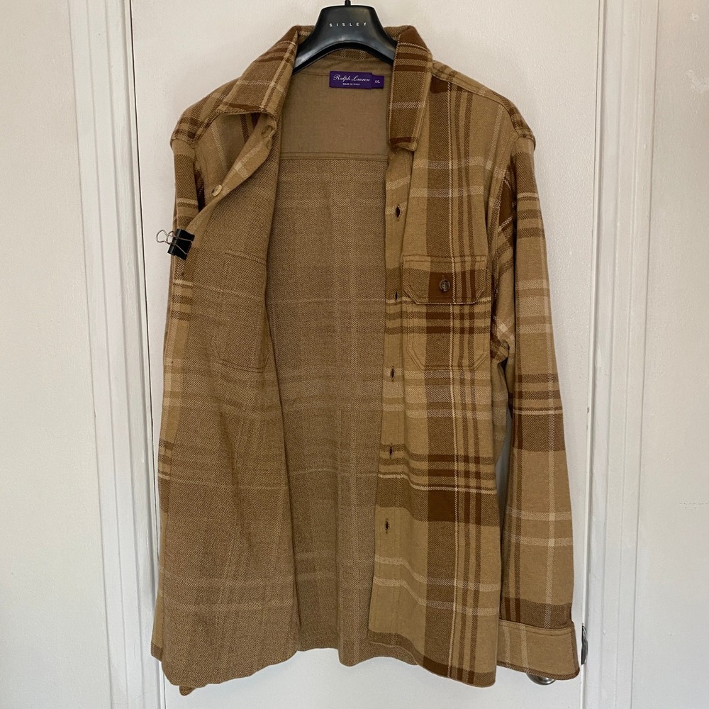 Ralph Lauren Purple Label Plaid Knit Cashmere Overshirt Mens XXL Tan Brown NWOT - Picture 7 of 9